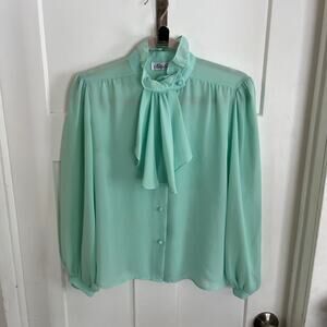 Phillip Lawrence Vintage 80s Secretary Blouse Seafoam Ruffle Puff Sleeve S
